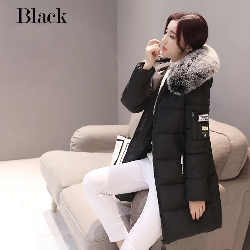 Winter Women Parka Coats Long Cotton Casual Fur Hooded Jackets Thick Warm Slim-fit Jacket Female Overcoat Clothing