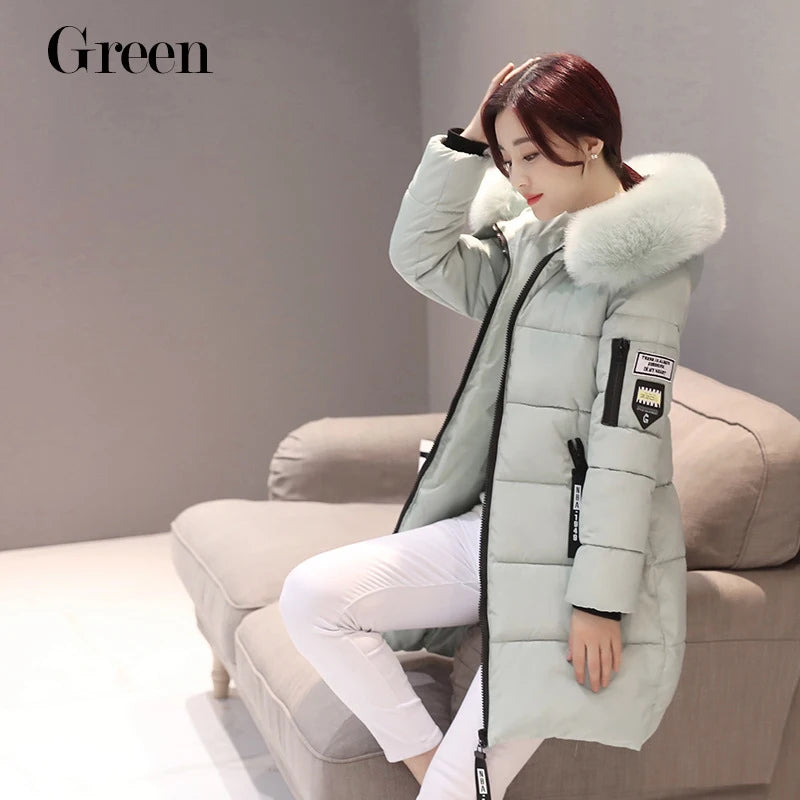 Winter Women Parka Coats Long Cotton Casual Fur Hooded Jackets Thick Warm Slim-fit Jacket Female Overcoat Clothing