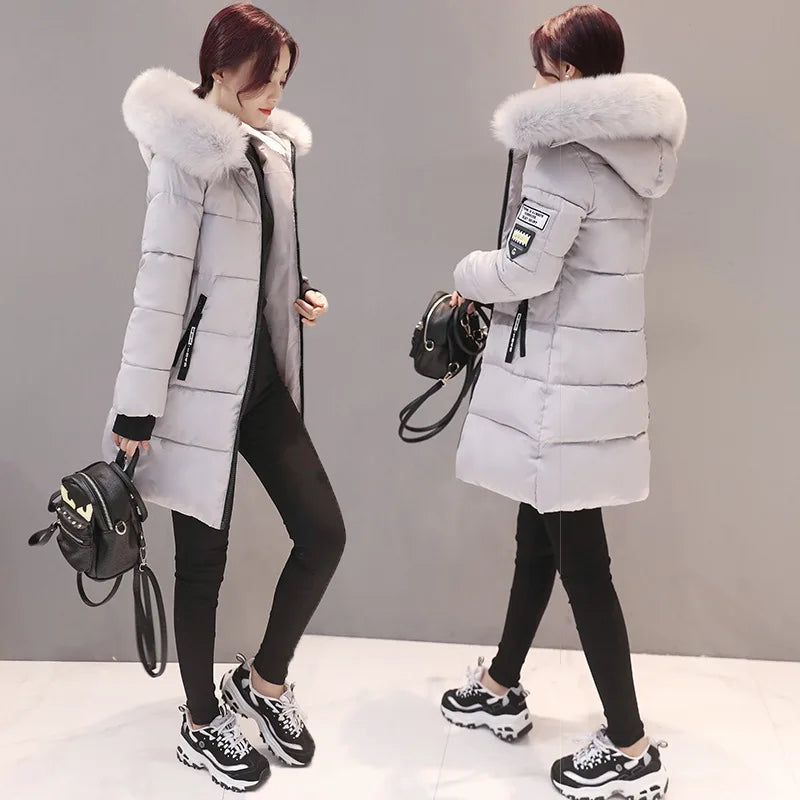 Winter Women Parka Coats Long Cotton Casual Fur Hooded Jackets Thick Warm Slim-fit Jacket Female Overcoat Clothing