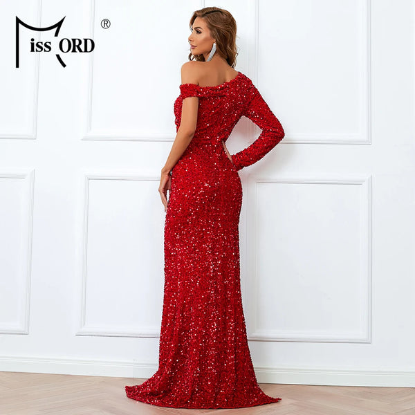 Missord Winter Red Sequin Evening Dress Elegant Women One Shoulder Long Sleeve Side Split Bodycon Maxi Party Prom Dresses Gown