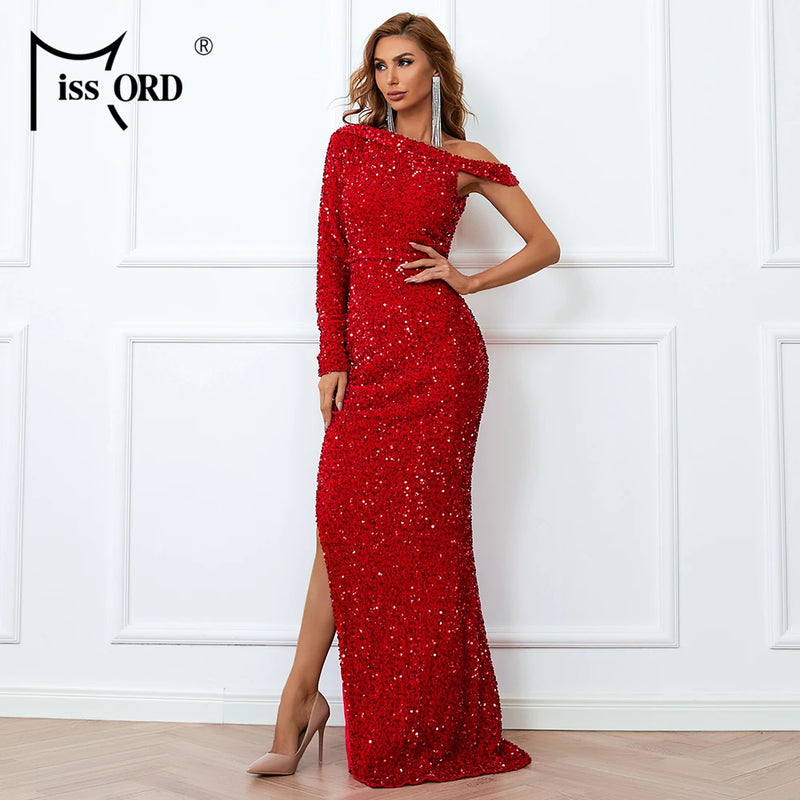 Missord Winter Red Sequin Evening Dress Elegant Women One Shoulder Long Sleeve Side Split Bodycon Maxi Party Prom Dresses Gown