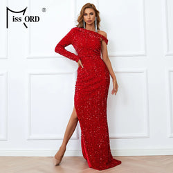 Missord Winter Red Sequin Evening Dress Elegant Women One Shoulder Long Sleeve Side Split Bodycon Maxi Party Prom Dresses Gown