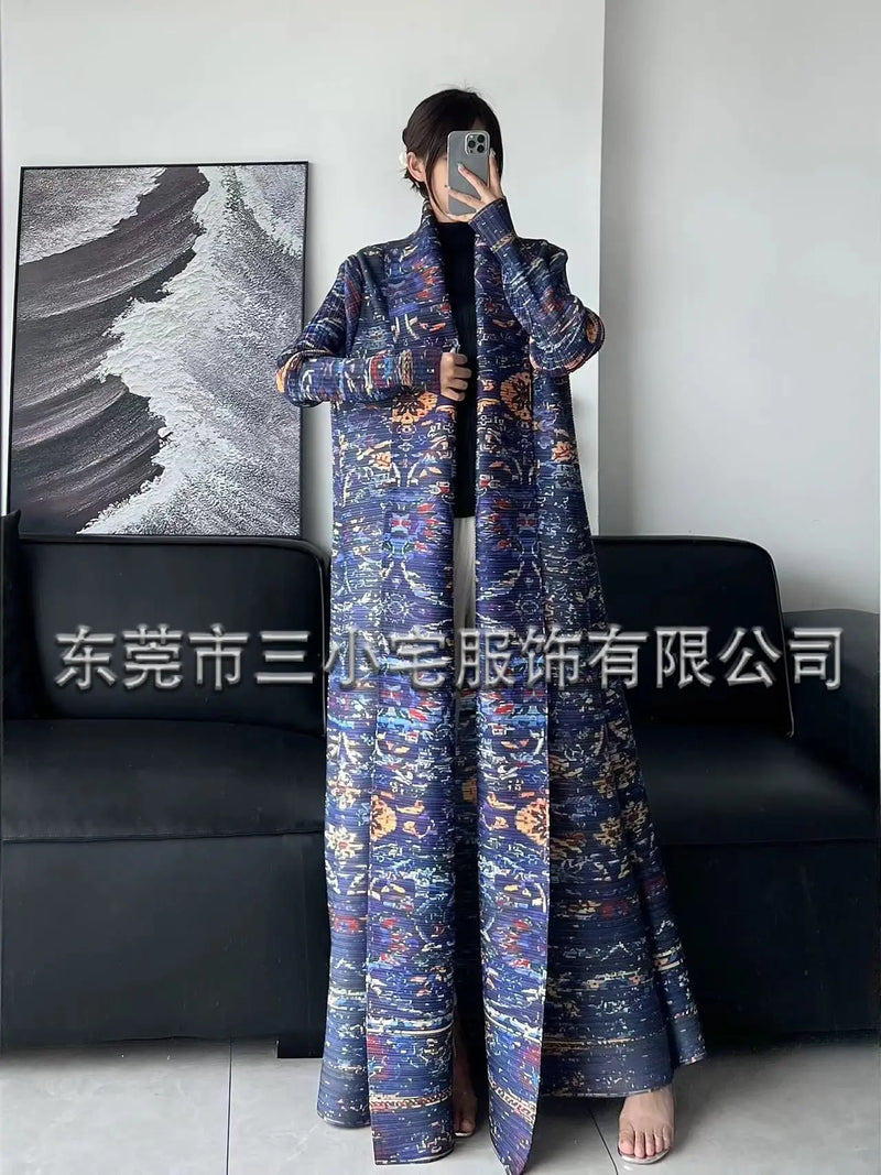 Elegant Long Trench Coat with Pleats Spring Summer 2024 New Fashionable Robe Jacket Cape Print Impassive Eye Catching Keep Short