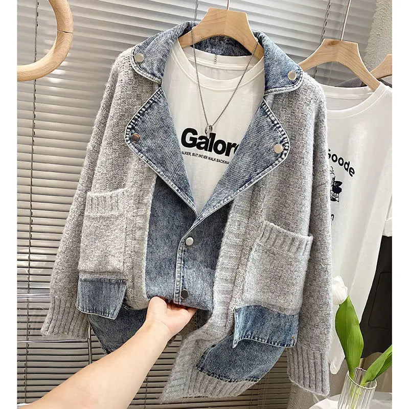 New Autumn Winter Women Splicing Denim Jacket Women Long Sleeve Jean Jackets Female Loose Sweater Cardigan Jacket