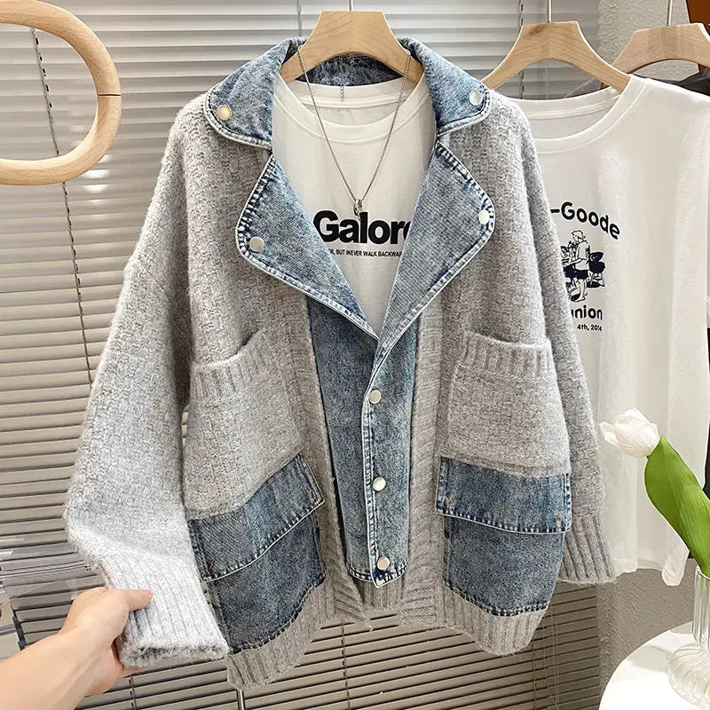 New Autumn Winter Women Splicing Denim Jacket Women Long Sleeve Jean Jackets Female Loose Sweater Cardigan Jacket