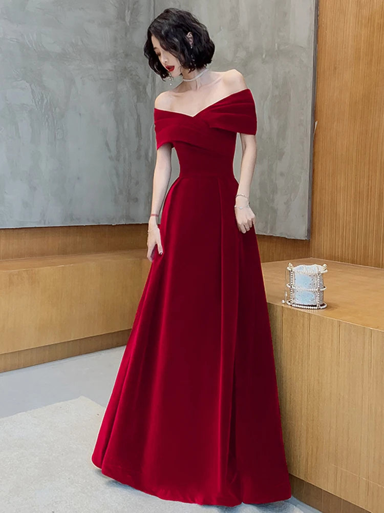 Lautaro Spring Long Luxury Elegant Wine Red Soft Velvet Evening Party Wedding Dresses for Women 2022 Off Shoulder Maxi Dress