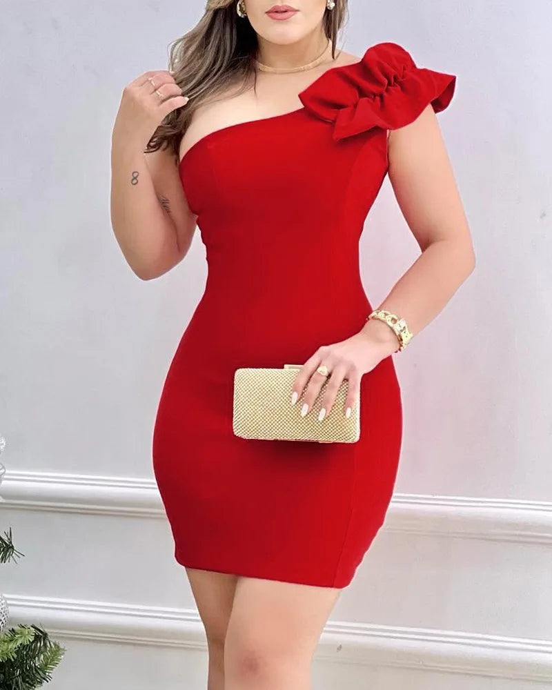 Summer Fashion Red Appliques Women Mini Party Dress Bodycon Elegant Ruffle Sexy One Shoulder Birthday Evening Club Outfits