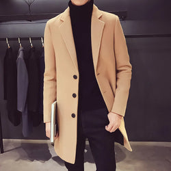 Autumn and Winter Slim Fit Long Wool Coat for Men's Single Breasted Lapel, Street Fashion Business Trench Coat for Men Clothing