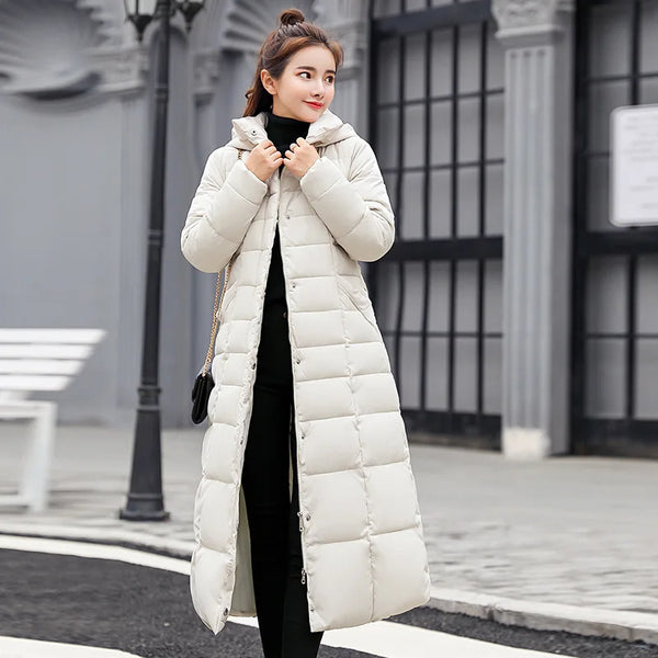 UHYTGF 2024 Winter Jacket Women's Warm Parkas Fashion Bow Belt Fox Fur Collar Long Coat Women's Oversize Vintage Thick Coat 1050