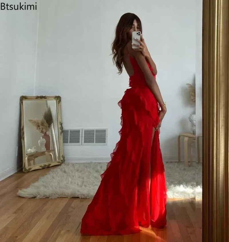 Women's Ruffles Chiffon Maxi Dresses Backlesss Split Sexy Porm Dress Red Long Summer Wedding Party Dress Elegant Vestidos