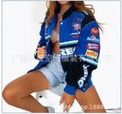 Autumn Women's Y2k Printed Loose Casual Jacket Single-Breasted Long Sleeve Motorcycle Racing Baseball Coat