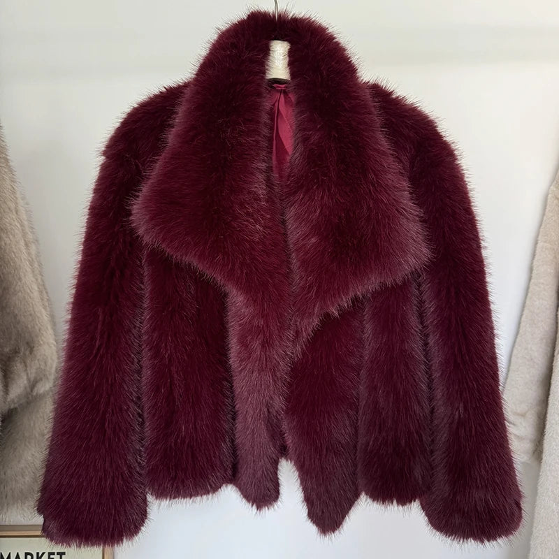 Winter New Fashion Gradient Fluffy Fur Coat Women High Street Luxury Big Fur Collar Faux Fox Fur Jacket Female Overcoats