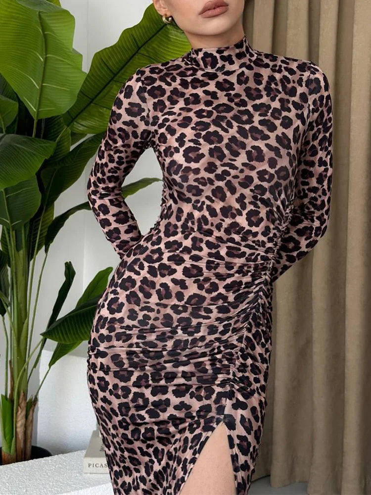 Drauuing Leopard Half High Collar Long Sleeve Dress Lady Slit Patchwork Party Club Midi Dress Slim Women New In Dresses Vestidos