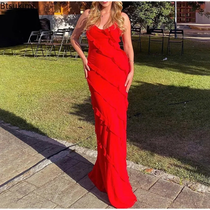 Women's Ruffles Chiffon Maxi Dresses Backlesss Split Sexy Porm Dress Red Long Summer Wedding Party Dress Elegant Vestidos