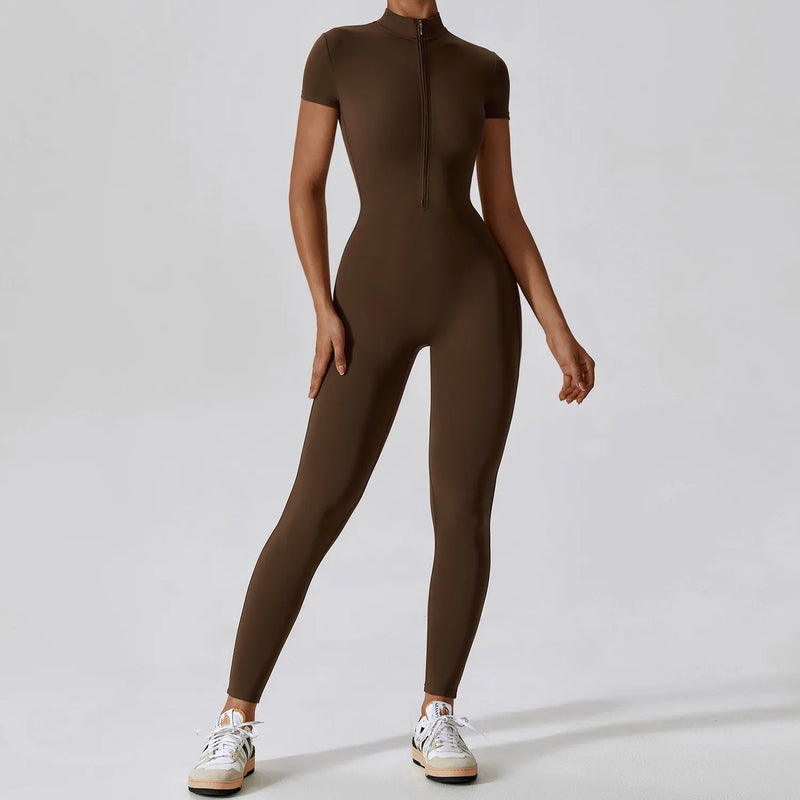 Women's Yoga Set One-Piece Jumpsuit Short Sleeve Zippered Gym Fitness Bodysuit Push Up Workout Tracksuit