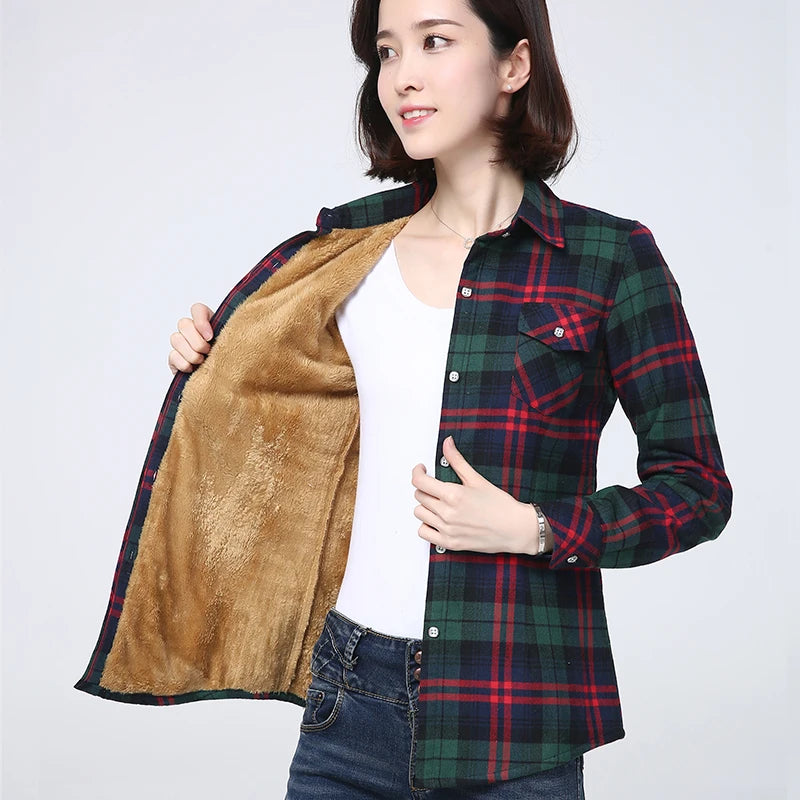 Winter New Plus Thick Women's Warm Plaid Shirt Coat Lady Casual Fleece Velvet Jacket Tops Hot Women Clothes Outerwear