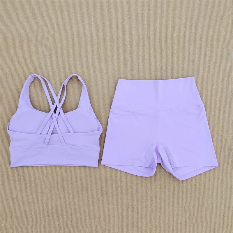 Women's Yoga Set Elastic Soft Breathable Gym Suit with Shorts Leggings and Cross Back Bra Sportswear for Running Fitness