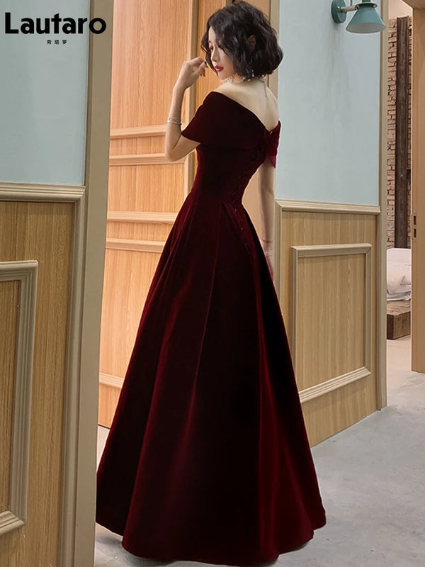 Lautaro Spring Long Luxury Elegant Wine Red Soft Velvet Evening Party Wedding Dresses for Women 2022 Off Shoulder Maxi Dress