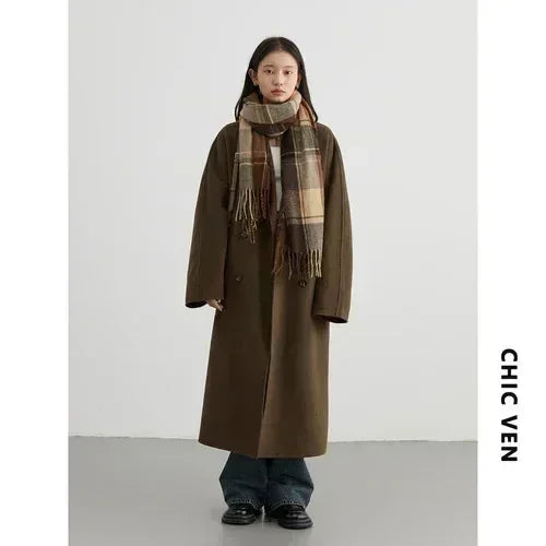 CHIC VEN Women Long Double-sided Woolen Coats Retro Loose Female Overcoat Double Breasted Ladies Windbreak Autumn Winter 2023