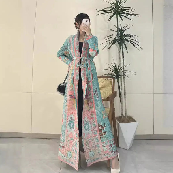 Elegant Long Trench Coat with Pleats Spring Summer 2024 New Fashionable Robe Jacket Cape Print Impassive Eye Catching Keep Short