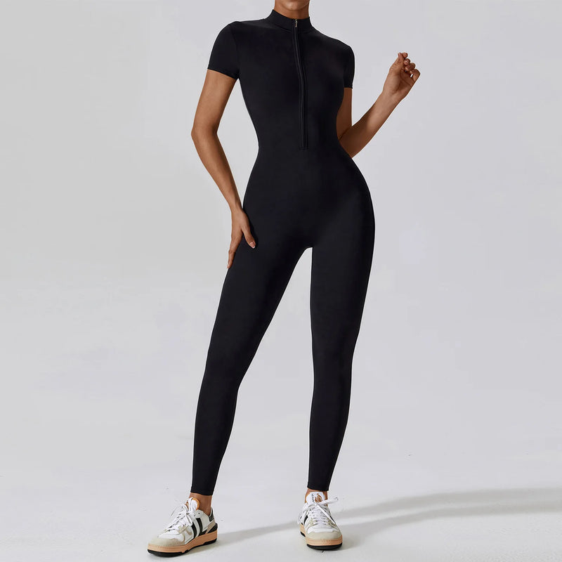 Women's Yoga Set One-Piece Jumpsuit Short Sleeve Zippered Gym Fitness Bodysuit Push Up Workout Tracksuit