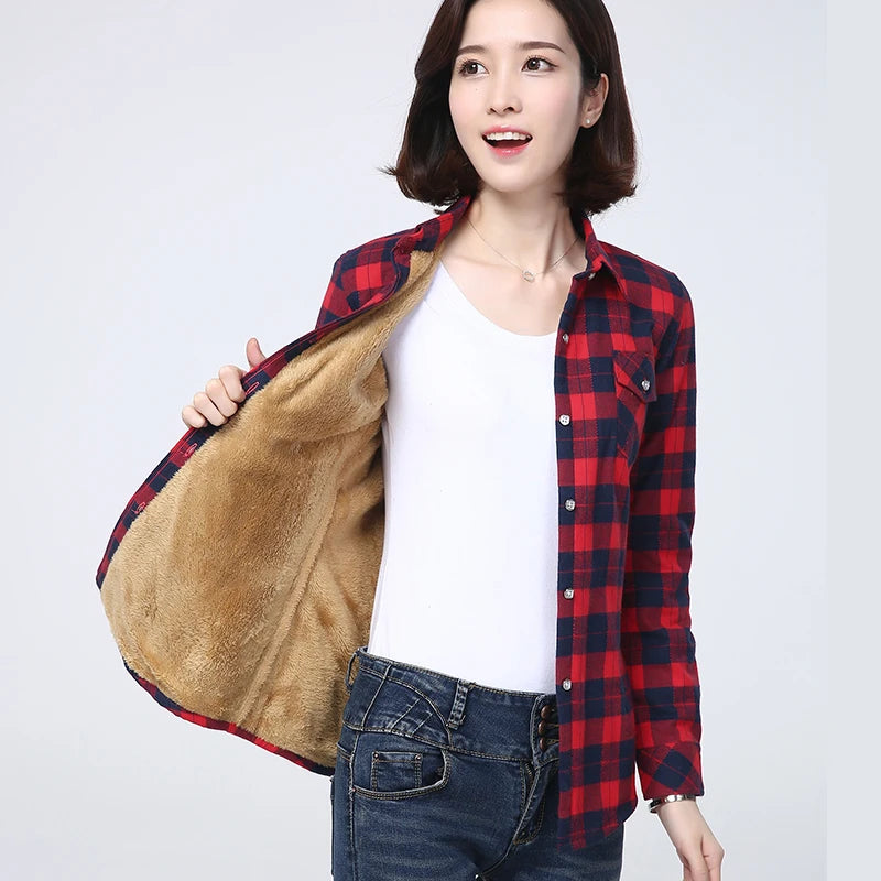 Winter New Plus Thick Women's Warm Plaid Shirt Coat Lady Casual Fleece Velvet Jacket Tops Hot Women Clothes Outerwear