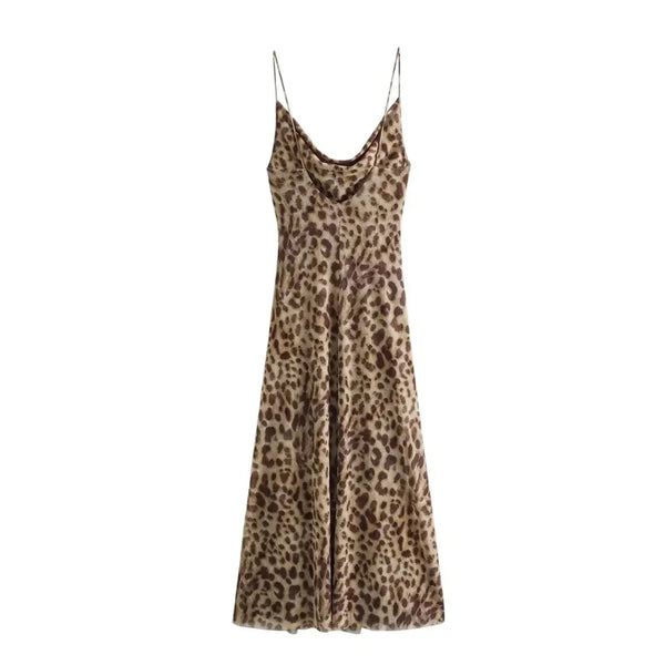 Leopard Print Women's Dress Tulle Backless Slip Dress Sexy Summer Holiday Midi Party Dress 2024 Vintage Style