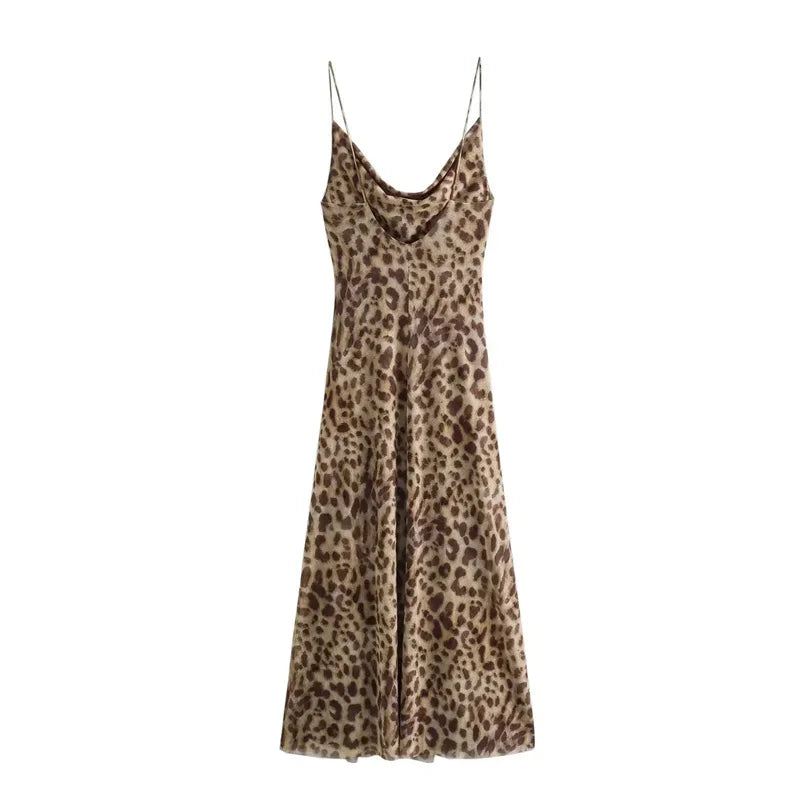 Leopard Print Women's Dress Tulle Backless Slip Dress Sexy Summer Holiday Midi Party Dress 2024 Vintage Style