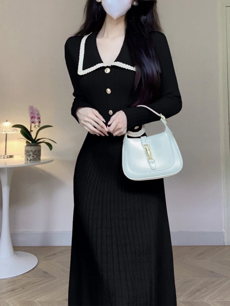 New Women French Knitted Dress Autumn Winter Slim A-line Lapel Casual Knitted Dresses Ladies Elegant Long Sleeve Midi Dress