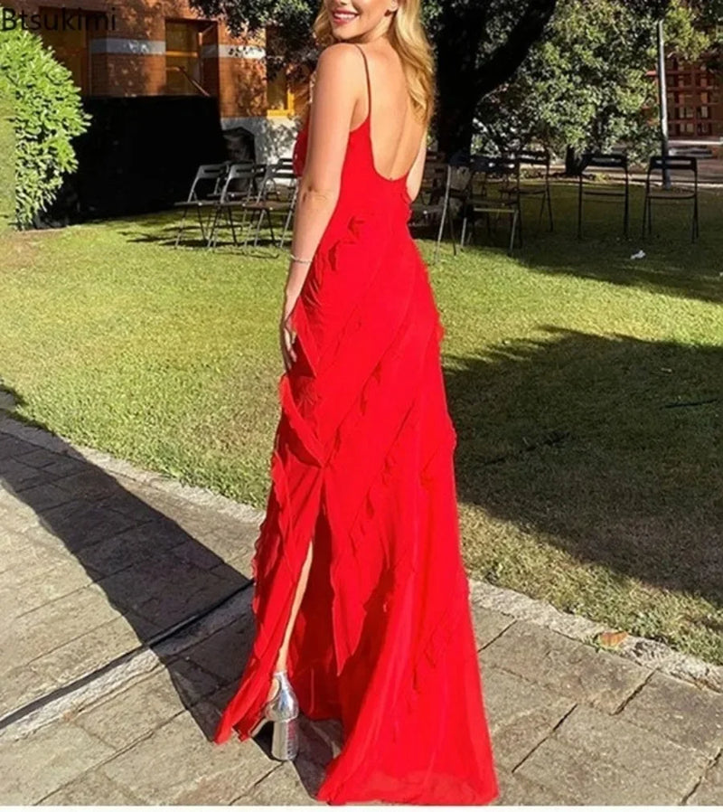 Women's Ruffles Chiffon Maxi Dresses Backlesss Split Sexy Porm Dress Red Long Summer Wedding Party Dress Elegant Vestidos