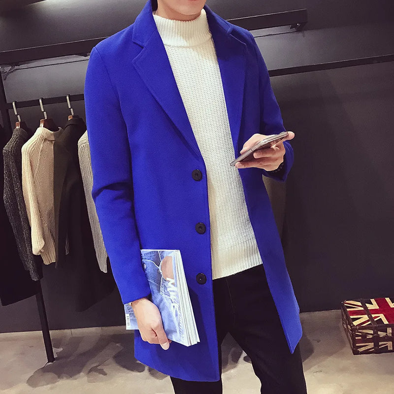 Autumn and Winter Slim Fit Long Wool Coat for Men's Single Breasted Lapel, Street Fashion Business Trench Coat for Men Clothing