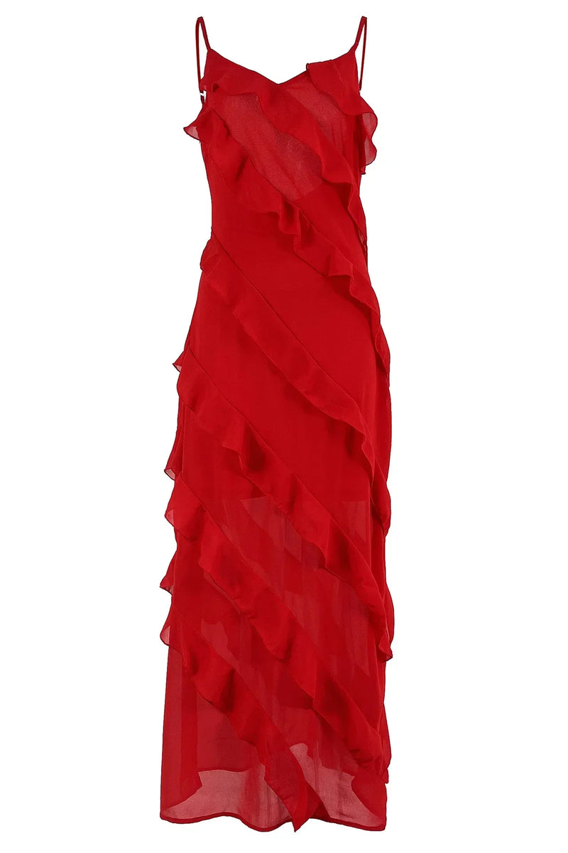 Women's Ruffles Chiffon Maxi Dresses Backlesss Split Sexy Porm Dress Red Long Summer Wedding Party Dress Elegant Vestidos