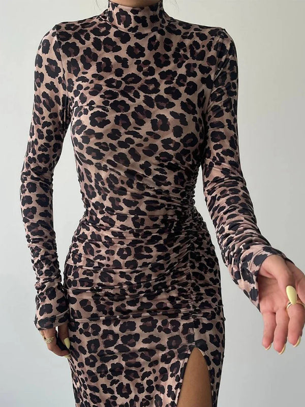 Drauuing Leopard Half High Collar Long Sleeve Dress Lady Slit Patchwork Party Club Midi Dress Slim Women New In Dresses Vestidos