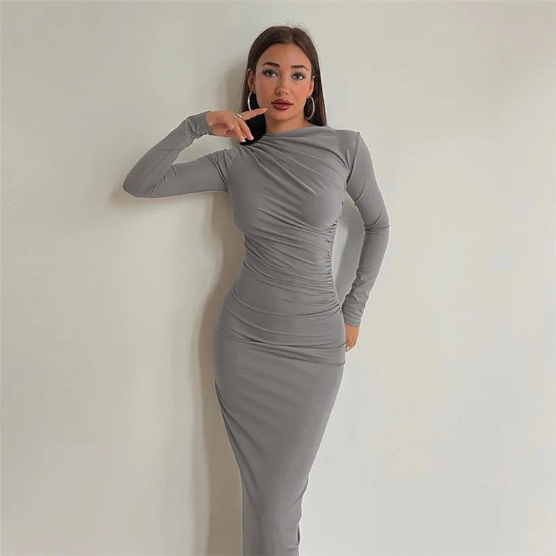 Cryptographic Autumn Elegant Ruched Long Bodycon Dress Fashion Outfits for Women Club Party Slinky Sexy Dresses Birthday Robes