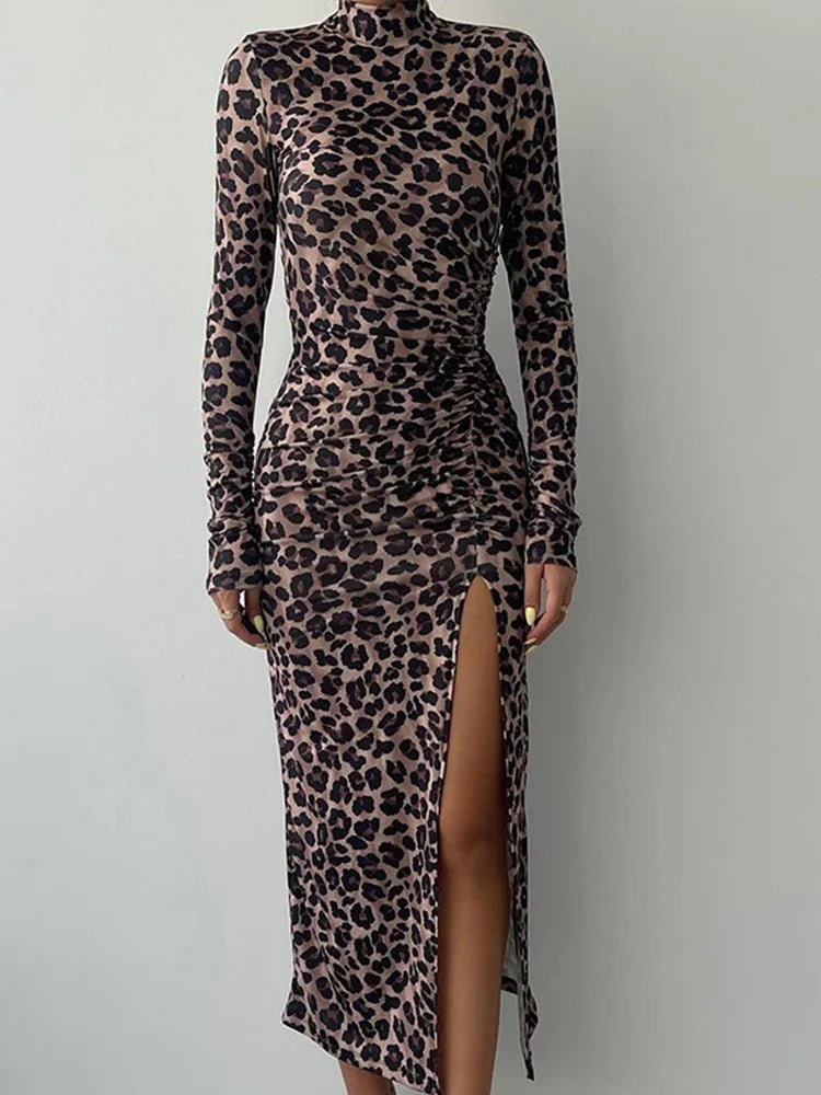 Drauuing Leopard Half High Collar Long Sleeve Dress Lady Slit Patchwork Party Club Midi Dress Slim Women New In Dresses Vestidos