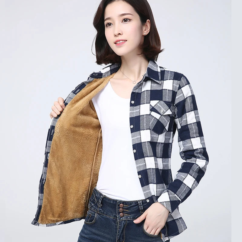 Winter New Plus Thick Women's Warm Plaid Shirt Coat Lady Casual Fleece Velvet Jacket Tops Hot Women Clothes Outerwear