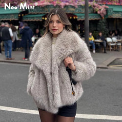 Winter New Fashion Gradient Fluffy Fur Coat Women High Street Luxury Big Fur Collar Faux Fox Fur Jacket Female Overcoats