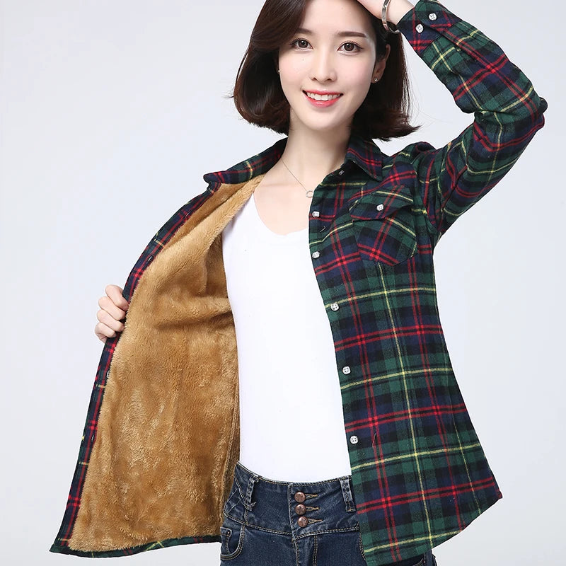 Winter New Plus Thick Women's Warm Plaid Shirt Coat Lady Casual Fleece Velvet Jacket Tops Hot Women Clothes Outerwear