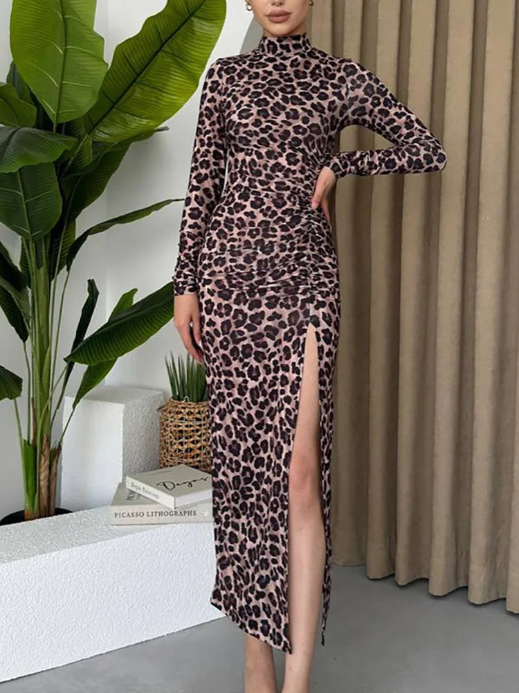 Drauuing Leopard Half High Collar Long Sleeve Dress Lady Slit Patchwork Party Club Midi Dress Slim Women New In Dresses Vestidos