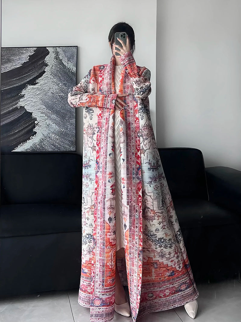 Elegant Long Trench Coat with Pleats Spring Summer 2024 New Fashionable Robe Jacket Cape Print Impassive Eye Catching Keep Short