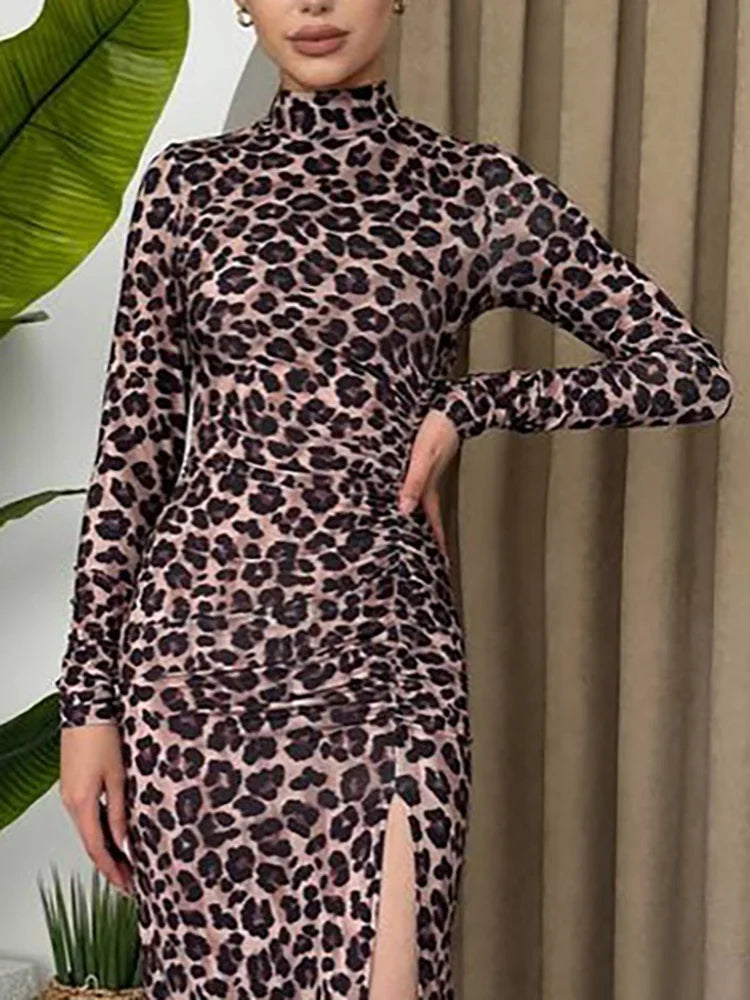 Drauuing Leopard Half High Collar Long Sleeve Dress Lady Slit Patchwork Party Club Midi Dress Slim Women New In Dresses Vestidos