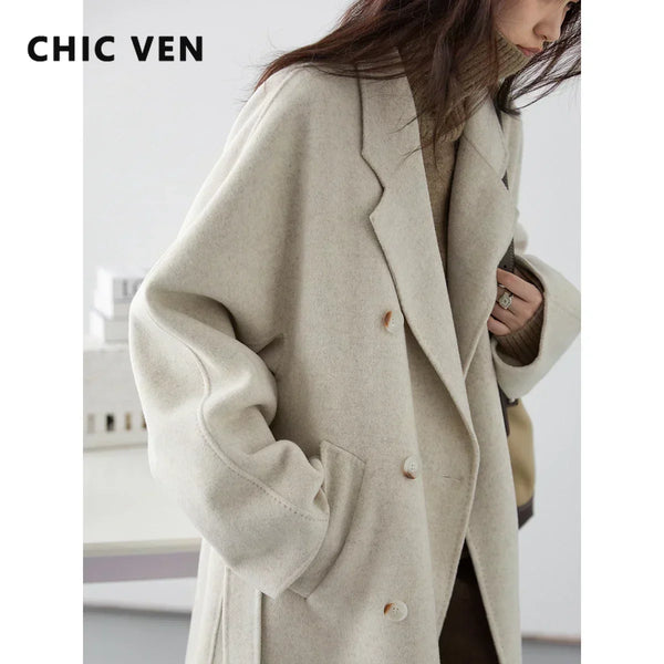 CHIC VEN Women Long Double-sided Woolen Coats Retro Loose Female Overcoat Double Breasted Ladies Windbreak Autumn Winter 2023