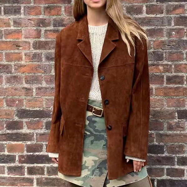 Vintage Brown Kid Suede Jacket for Women 2023 New High Sense Loose Oversized Leather Suit Blazer Female Casual Coat Streetwear