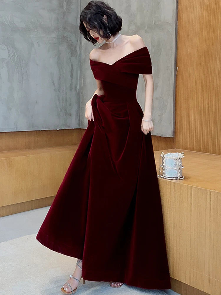 Lautaro Spring Long Luxury Elegant Wine Red Soft Velvet Evening Party Wedding Dresses for Women 2022 Off Shoulder Maxi Dress