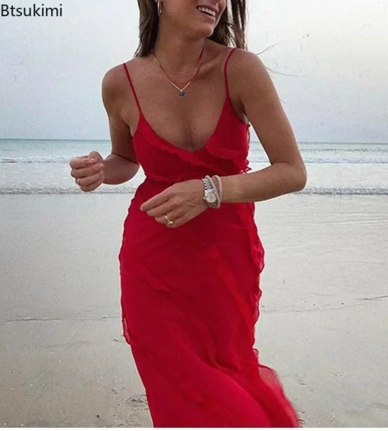 Women's Ruffles Chiffon Maxi Dresses Backlesss Split Sexy Porm Dress Red Long Summer Wedding Party Dress Elegant Vestidos