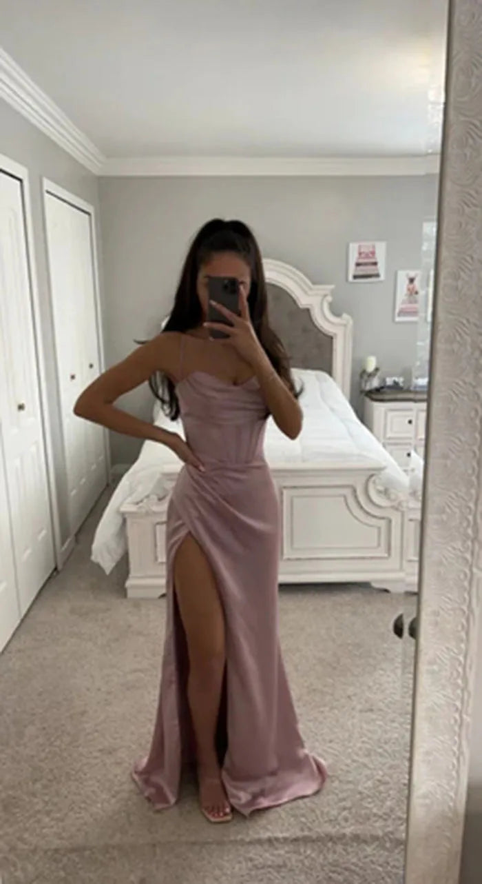 New Summer Prom Dress Women'S Sling Sleeveless Solid Color Dress One Word Neck Slim Fit Open Back Slit Red Sexy Dress