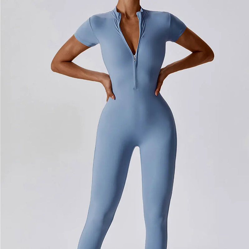 Women's Yoga Set One-Piece Jumpsuit Short Sleeve Zippered Gym Fitness Bodysuit Push Up Workout Tracksuit