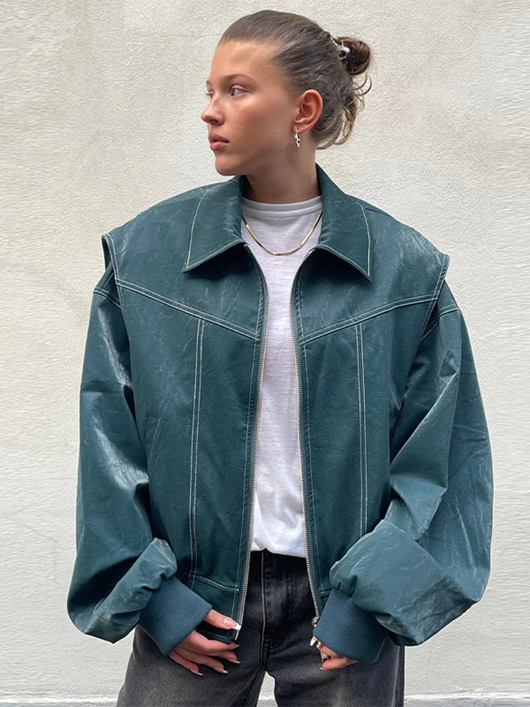 Vintage Contrast Stitch Lapel Long Sleeve Jackets Women Loose Solid Zipper Pu Leather Jacket 2024 Female Autumn High Streetwear