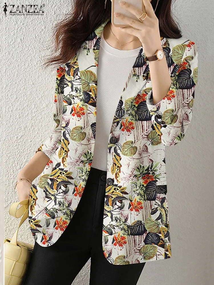 Women Autumn Blazer Retro Printed Coats Casual Long Sleeve Floral Outerwear ZANZEA Female Single Button Lapel Jackets Oversize