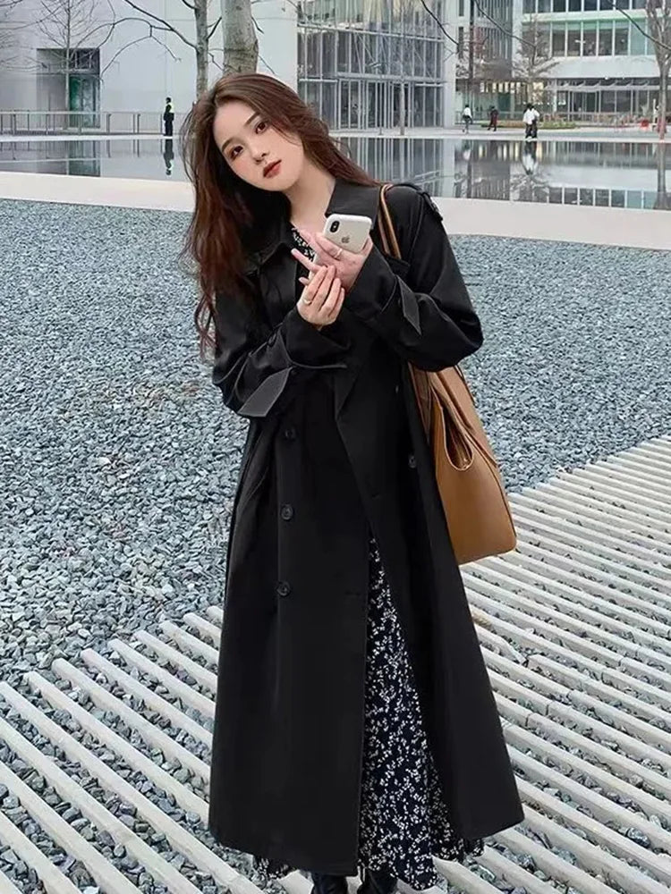 Streetwear Loose Trench Coat Midi Length Fashion Korean Elegant Khaki Black Women's Windbreaker Coat Casual Double Breasted Tops